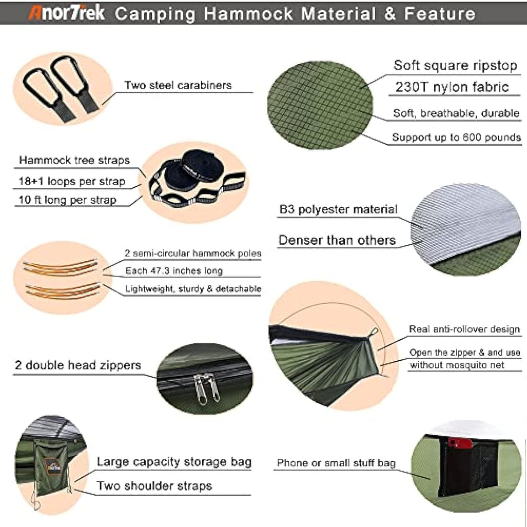 AnorTrek Double Camping Hammock with Mosquito Net & Rain Fly – Green