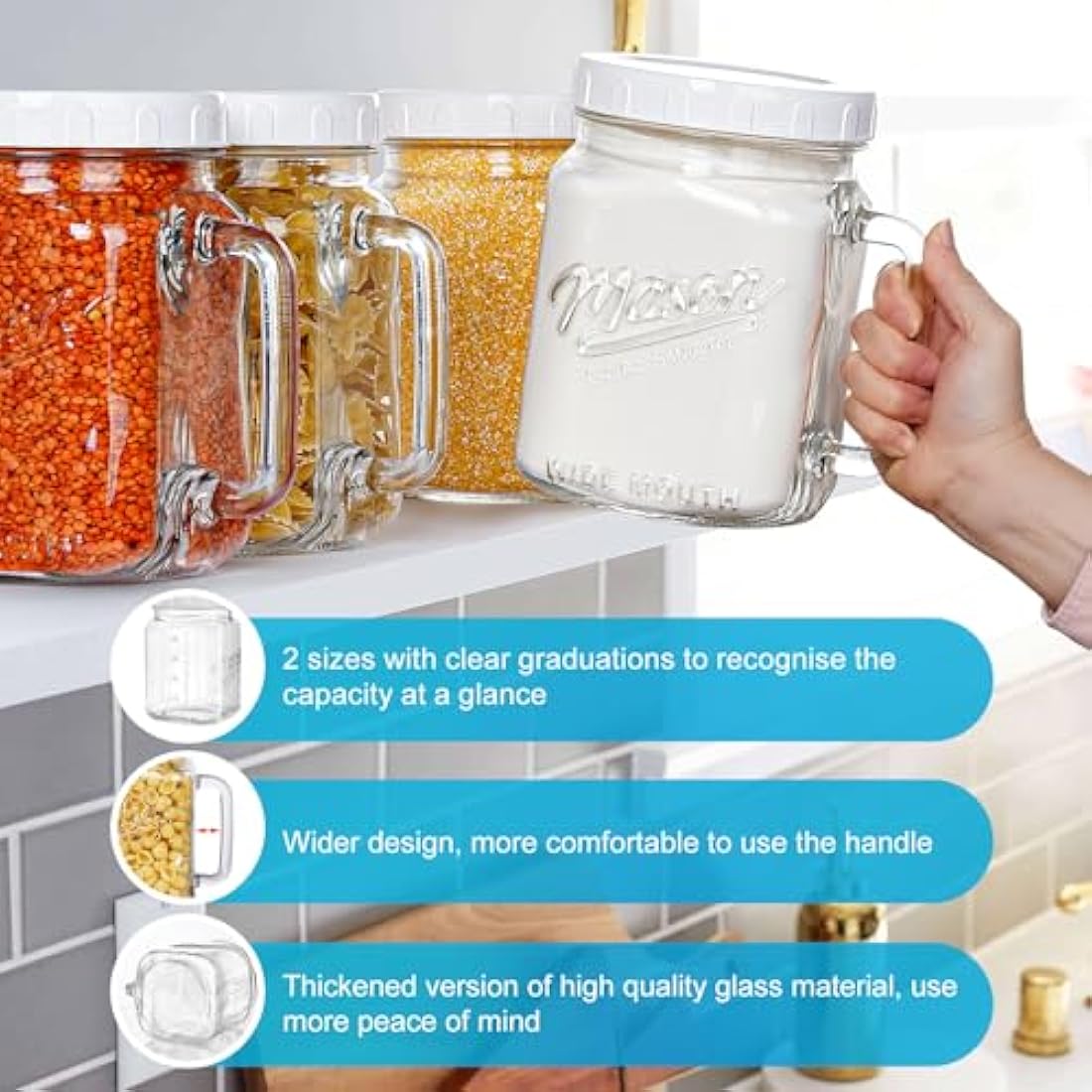 Absovetu 2-Pack Large Glass Mason Jars with Handle - 74oz Wide Mouth