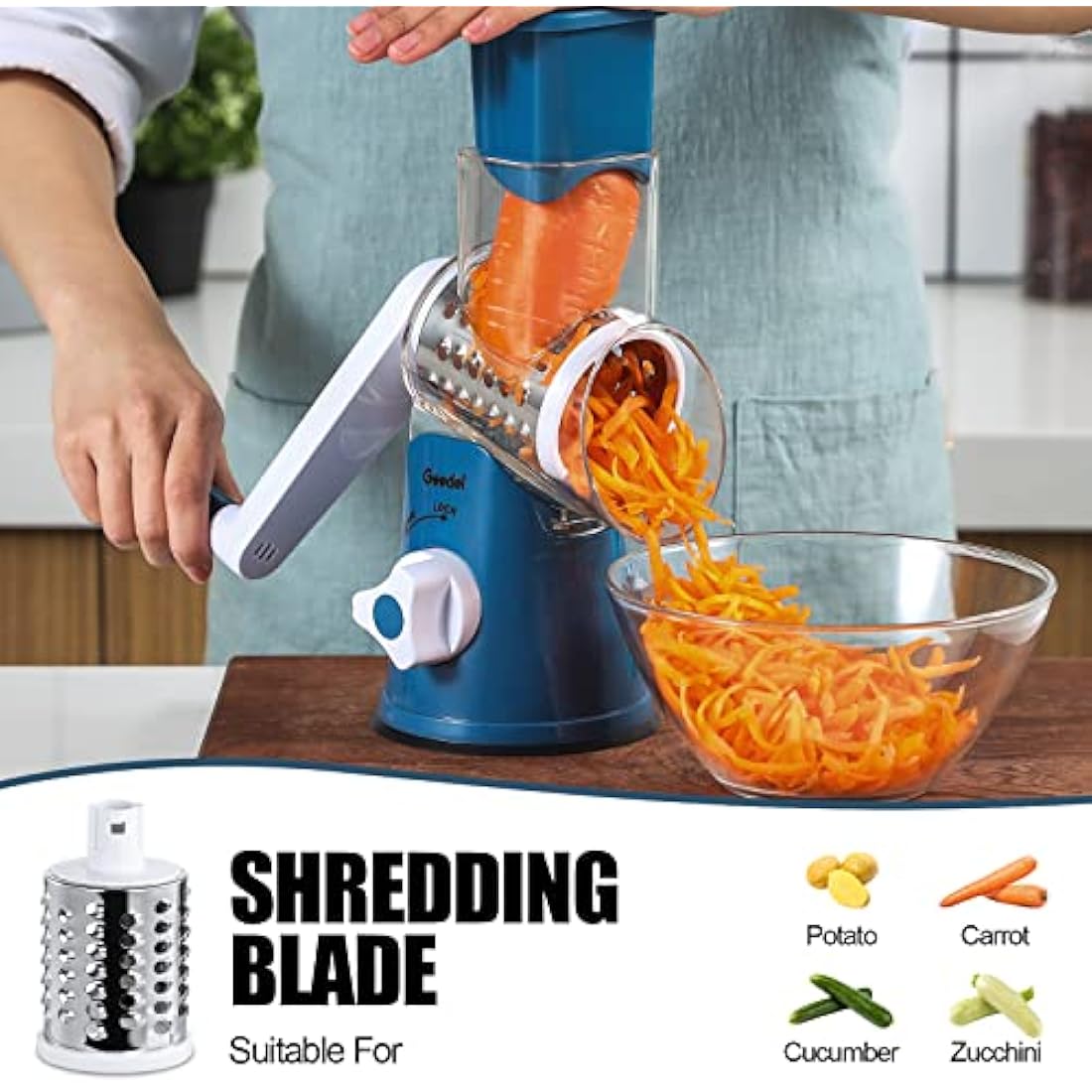 Rotary Cheese Grater – 3-Blade Vegetable Slicer & Shredder