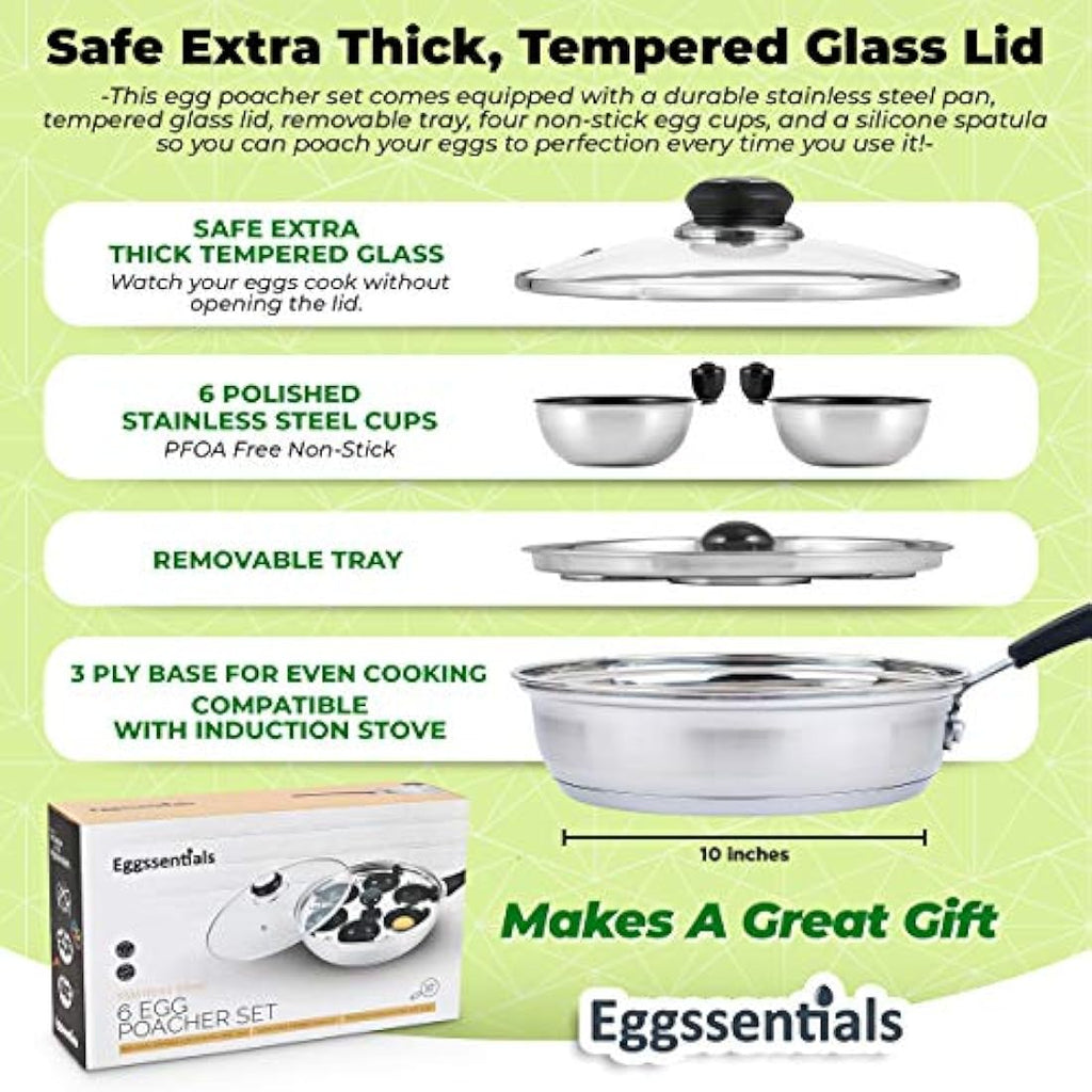 Eggssentials 6-Cup Stainless Steel Egg Poacher Pan - Nonstick Induction
