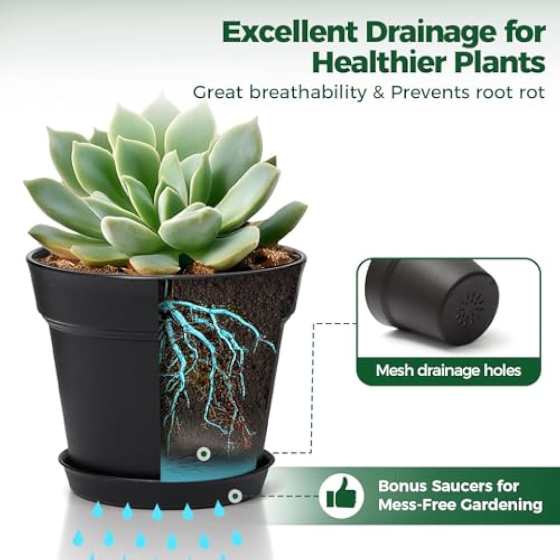 T4U Plastic Plant Pots with Saucers - 6-Pack Modern Indoor Planters, 16CM