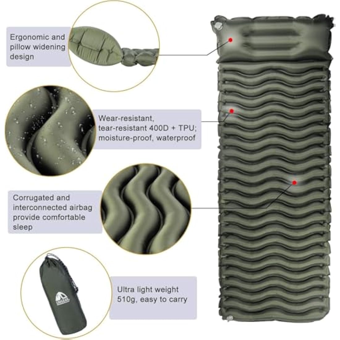 Unigear Ultralight Inflatable Sleeping Pad – Compact 40D Nylon Camping Mat
