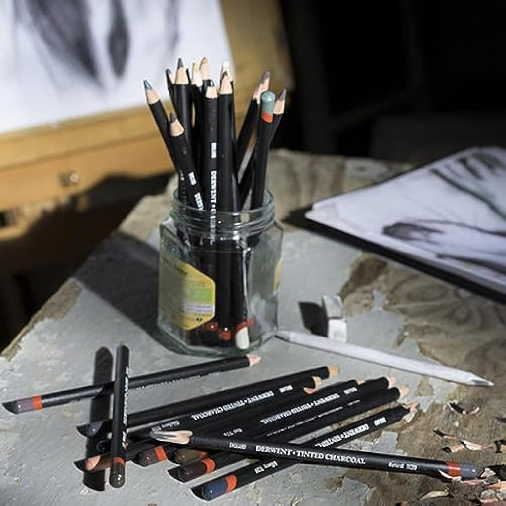 Derwent Tinted Charcoal Pencils - Professional Watersoluble Set of 24