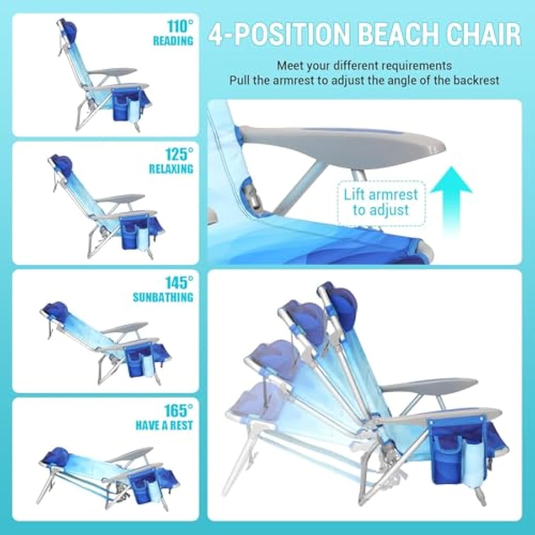 #WEJOY 4-Position Adjustable Beach Chair | Lightweight Aluminum Folding Seat