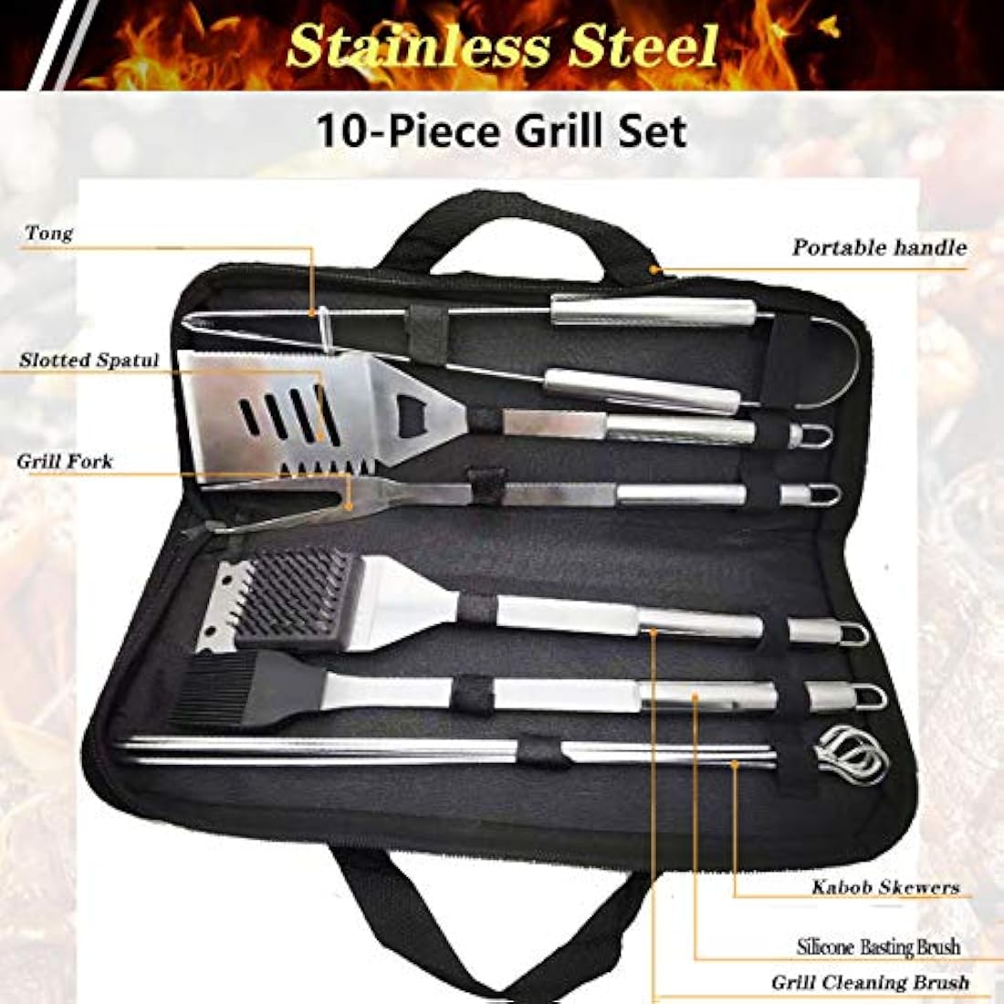 GQC 10-Piece Stainless Steel BBQ Grill Tool Set with Carry Bag