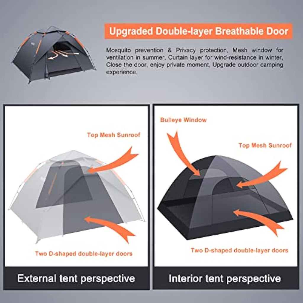 Amflip 3 Person Pop Up Camping Tent | Waterproof 4 Season Dome Tent