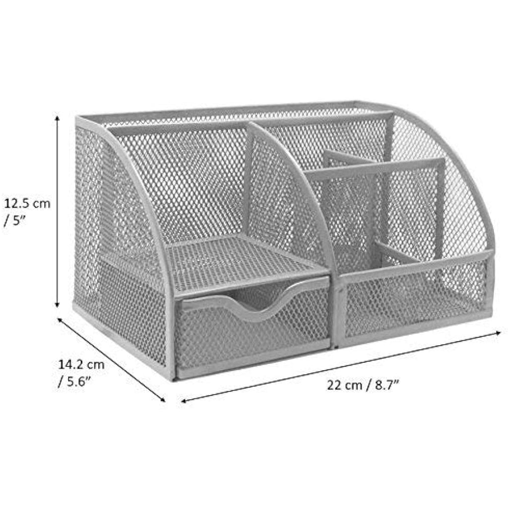 Exerz Mesh Desk Organiser – 7 Compartment Metal Pen Holder, Silver Grey