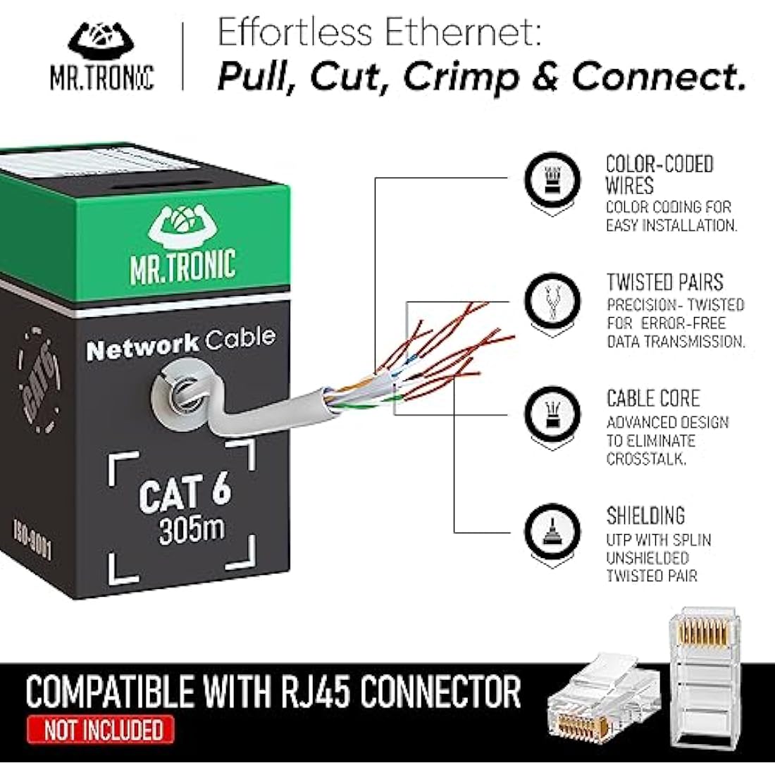 Mr. Tronic Cat6 Bulk Ethernet Cable – 305m High Speed UTP LAN Network, Grey