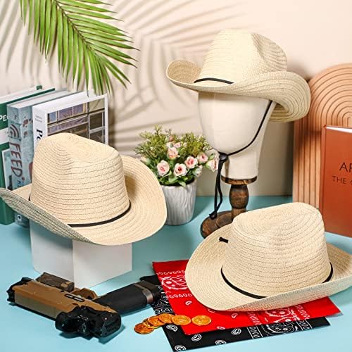 Jolof Store Straw Cowboy Hats and Bandanas Set - 12 Pack Beige Western Style