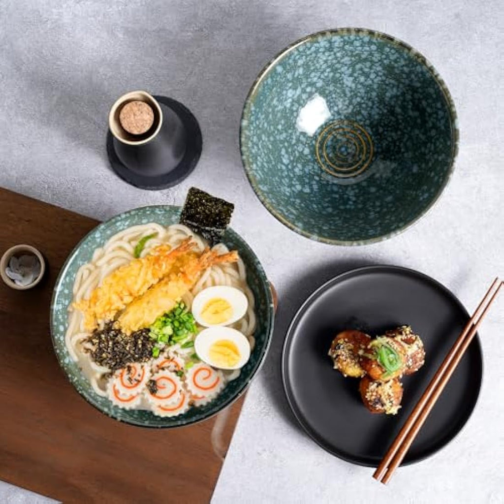 NUTRIUPS Ceramic Ramen Bowl Set of 2 – 1200ml Japanese Noodle Bowls, Emerald