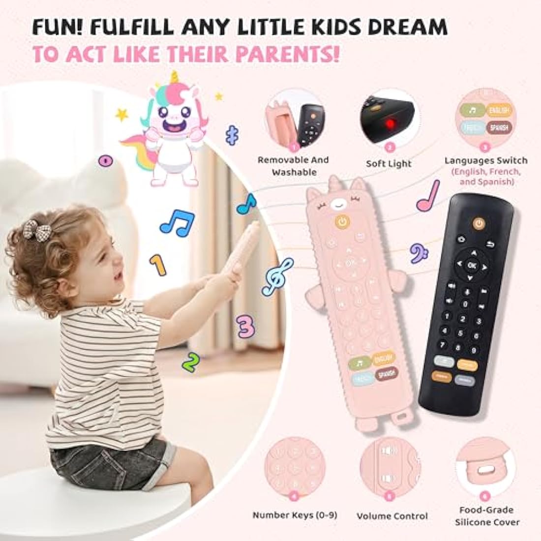 Jolof Store Unicorn Baby Remote Toy – Musical Teether for Girls 6-18 Months