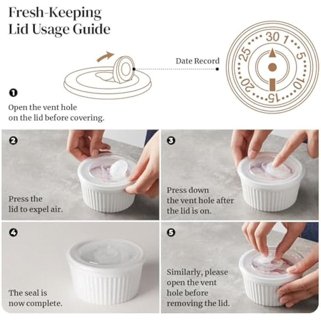 DOWAN 8 oz Porcelain Ramekins with Lids - White Soufflé Dishes, Set of 6