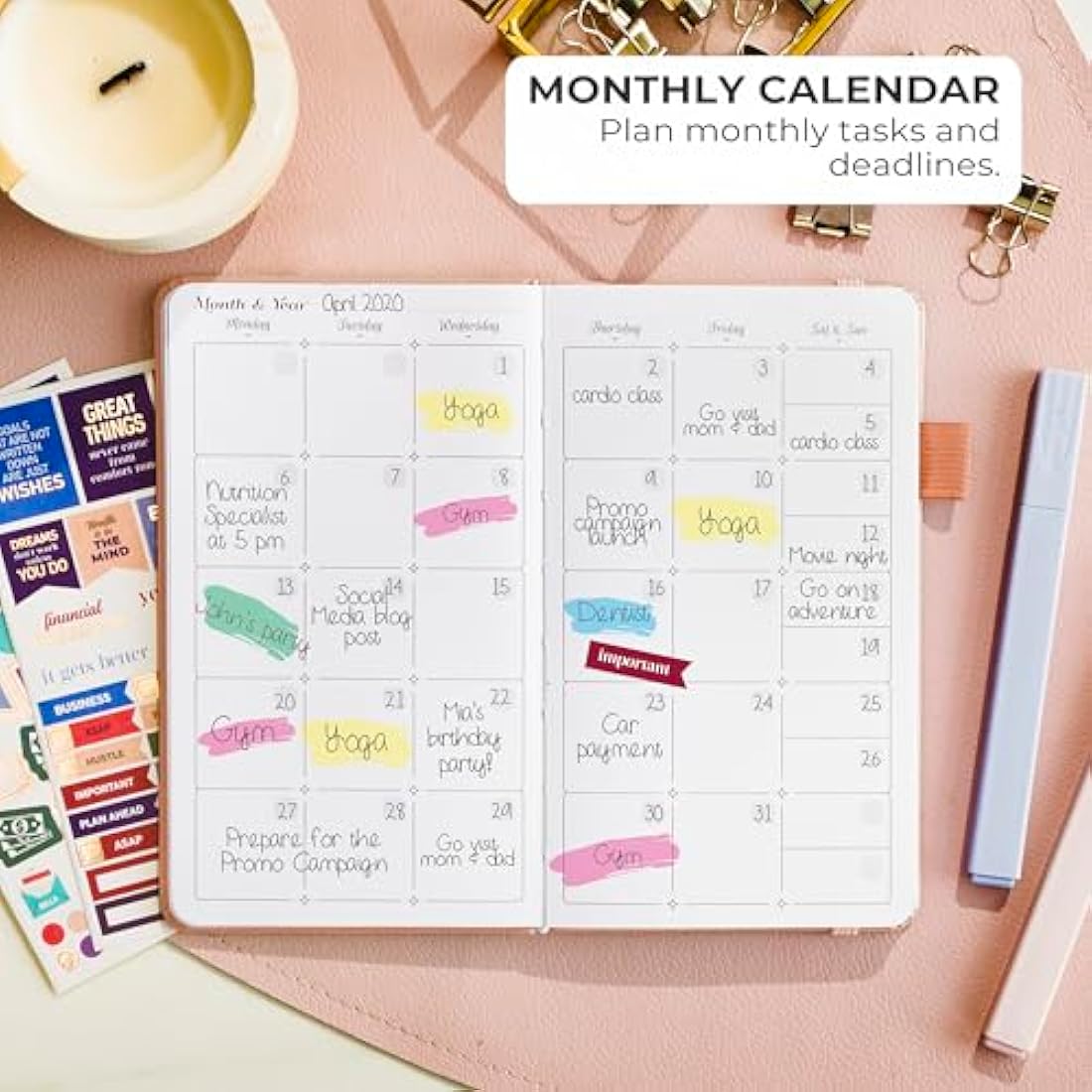GoGirl Pocket Weekly Planner – Undated Goal Organizer, Peach Pink