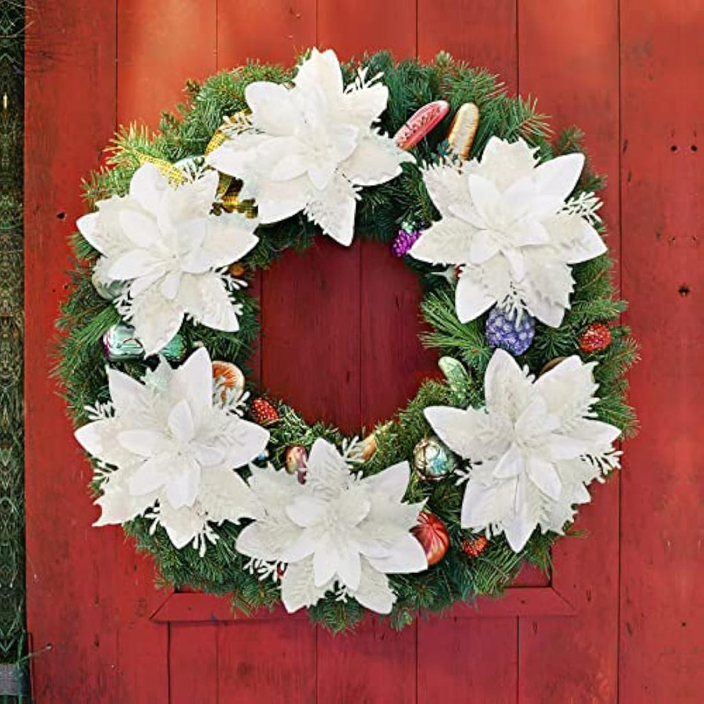 12Pcs White Glitter Poinsettia Artificial Christmas Flowers