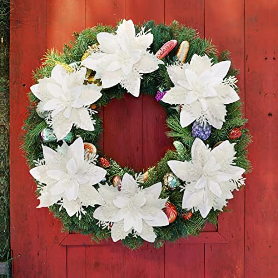 12Pcs White Glitter Poinsettia Artificial Christmas Flowers