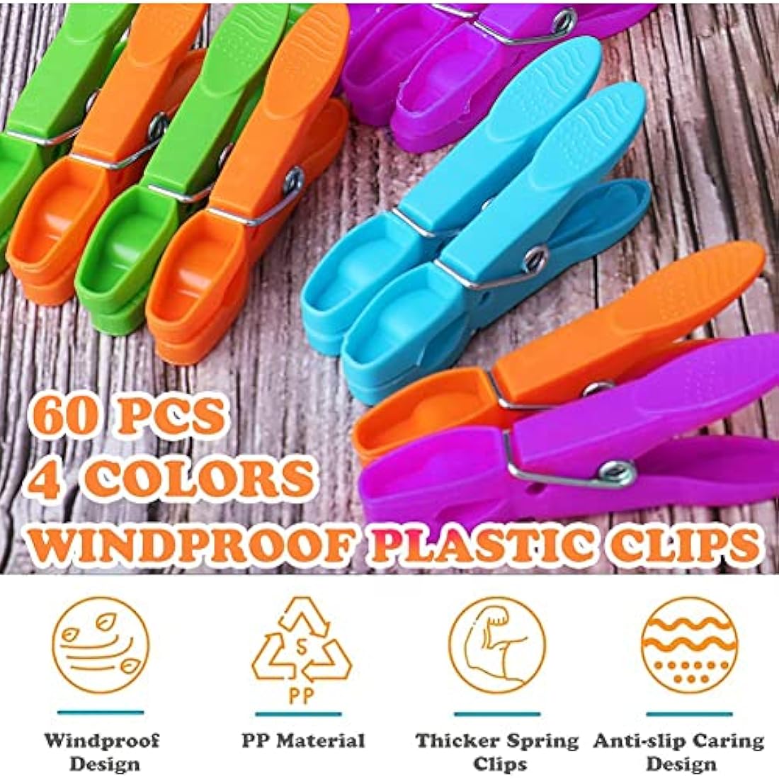 60 Pack Non-Slip Clothes Pegs – Durable Plastic Laundry Clips
