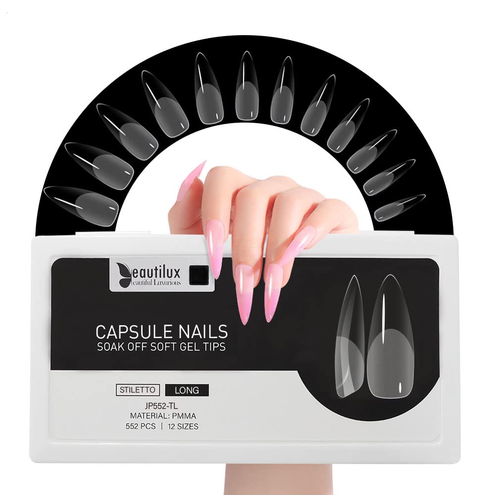Beautilux Long Stiletto Gel Nail Tips - 552 Pcs Full Cover Soft Acrylic