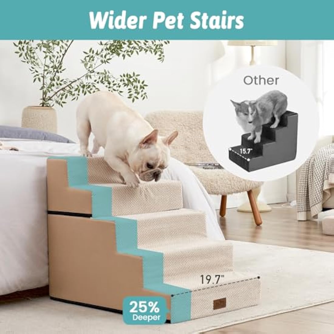 COZY KISS 5-Tier Wide Dog Stairs | Foldable Non-Slip Pet Steps for Bed