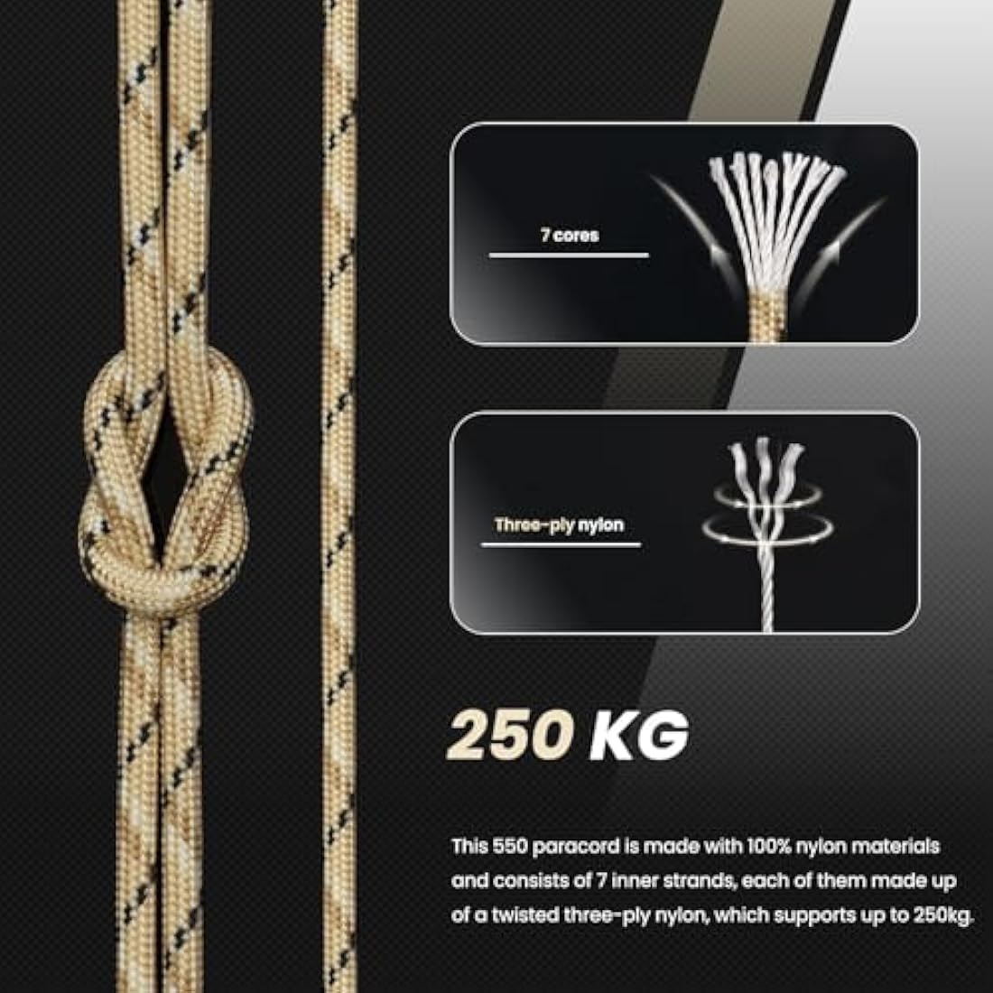 Abma Cord 550 Paracord – 4mm Type III 7-Strand Nylon Rope, 10m Desert Camo