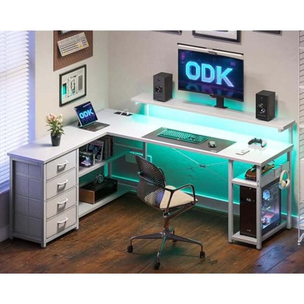 ODK L-Shaped Corner Gaming Desk with LED Lights & Drawers, White