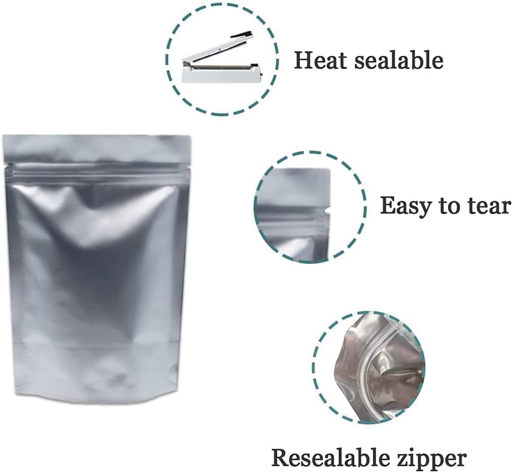 WACCOMT Silver Mylar Foil Bags – 50 Pack Smell Proof Stand Up Pouches