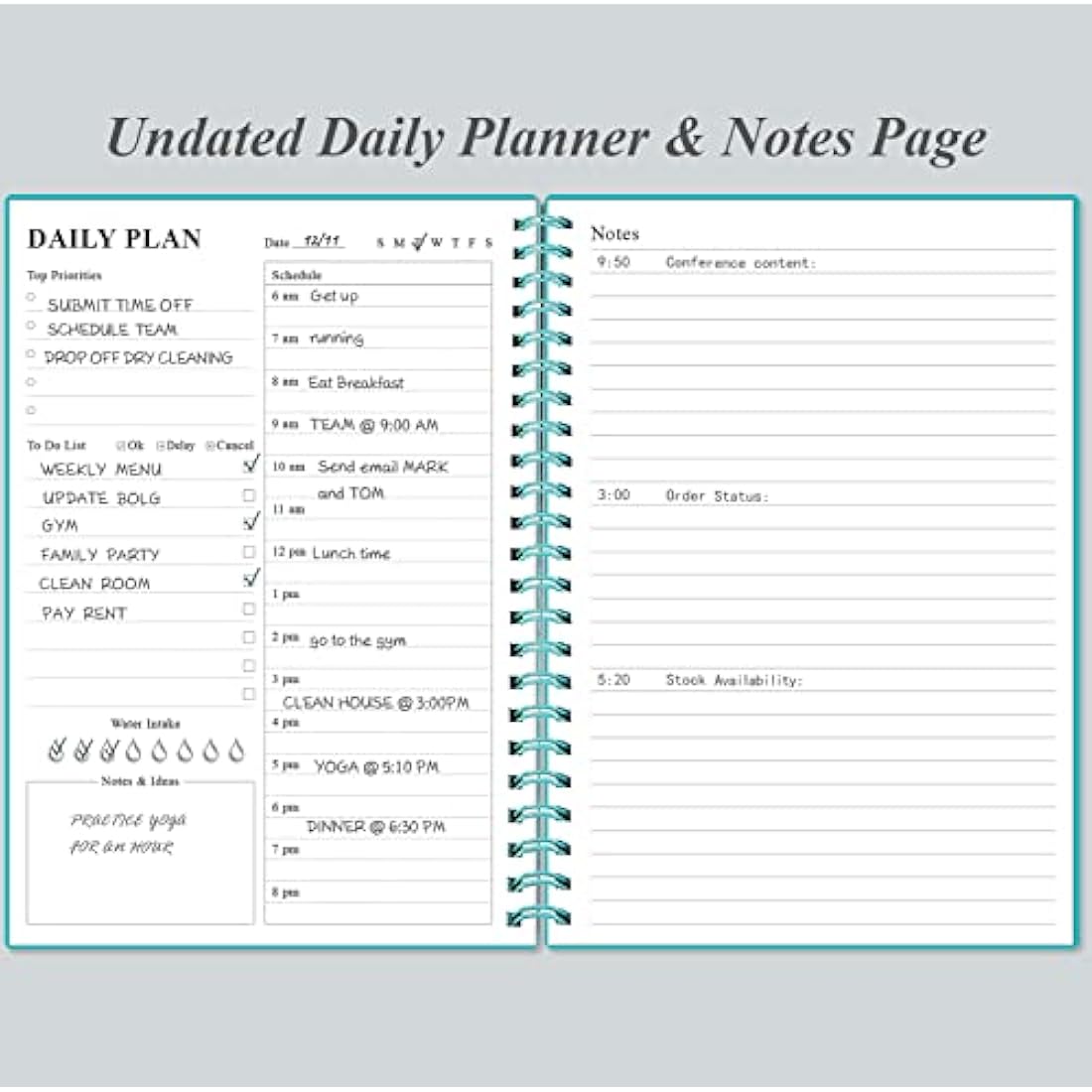 Jolof Store Undated Daily Planner – A5 Spiral To Do List Notebook, Teal