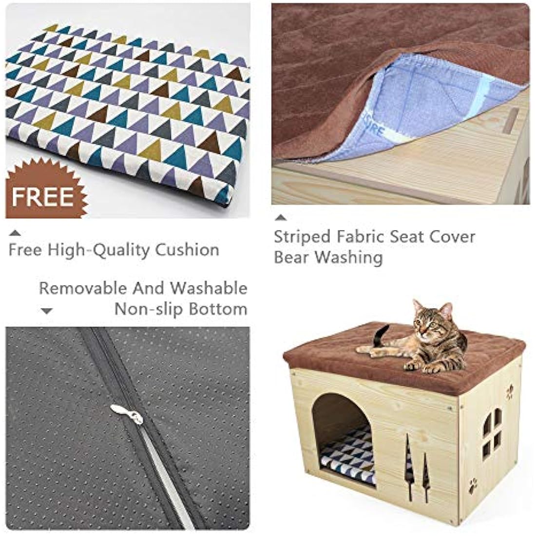 Foldable Cat Cave House – Wood Ottoman Pet Bed with Cushion