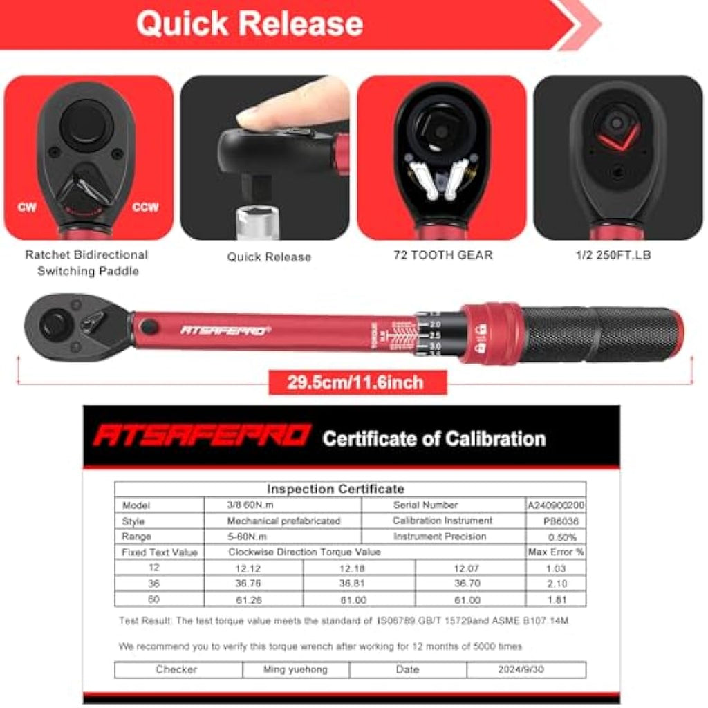 ATsafepro 3/8 Inch Drive Click Torque Wrench, 5-60 Nm for Bike & Auto