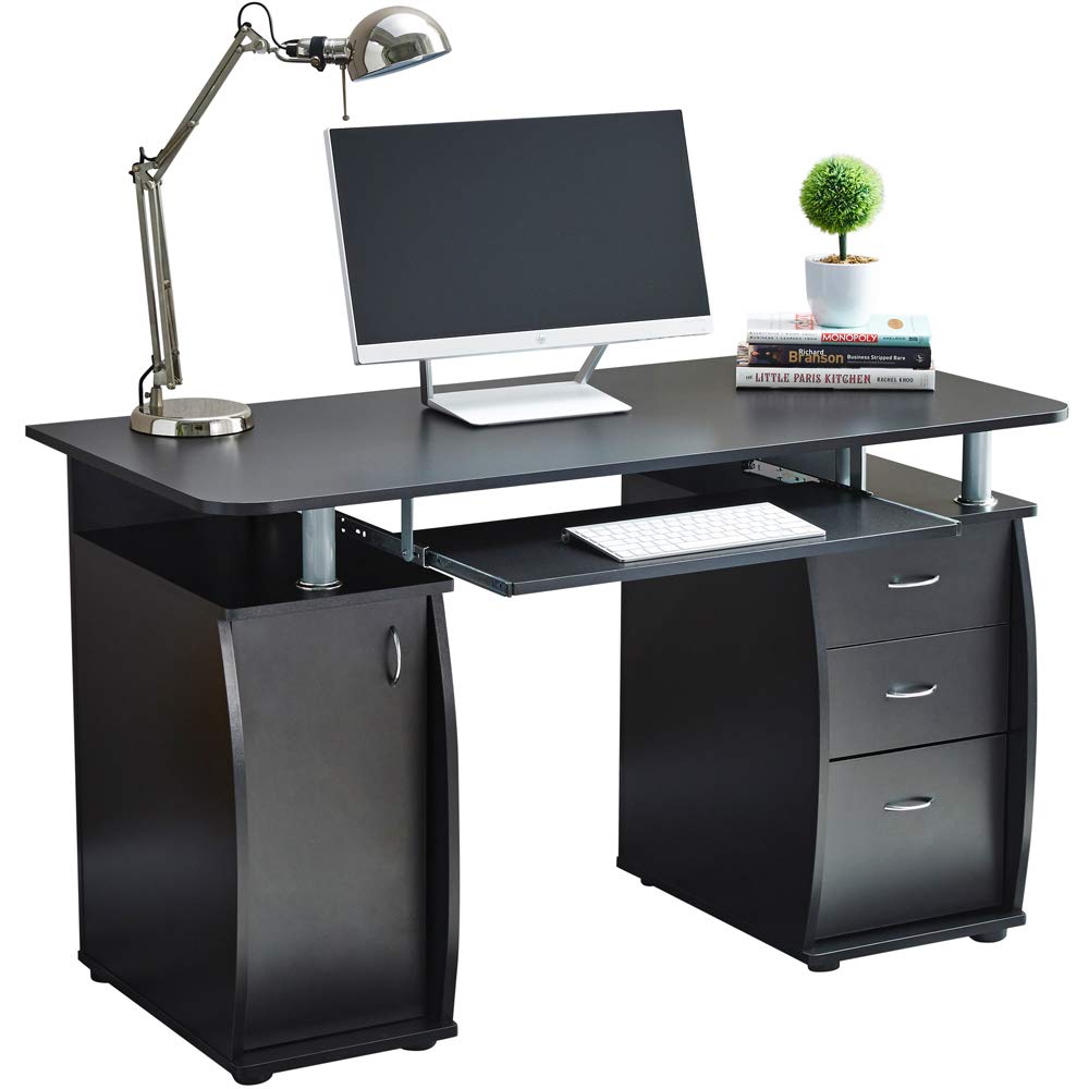 RayGar Black Deluxe Design Computer Desk With Cabinet and 3 Drawers For Home Office Table Workstation - New Black - image 1