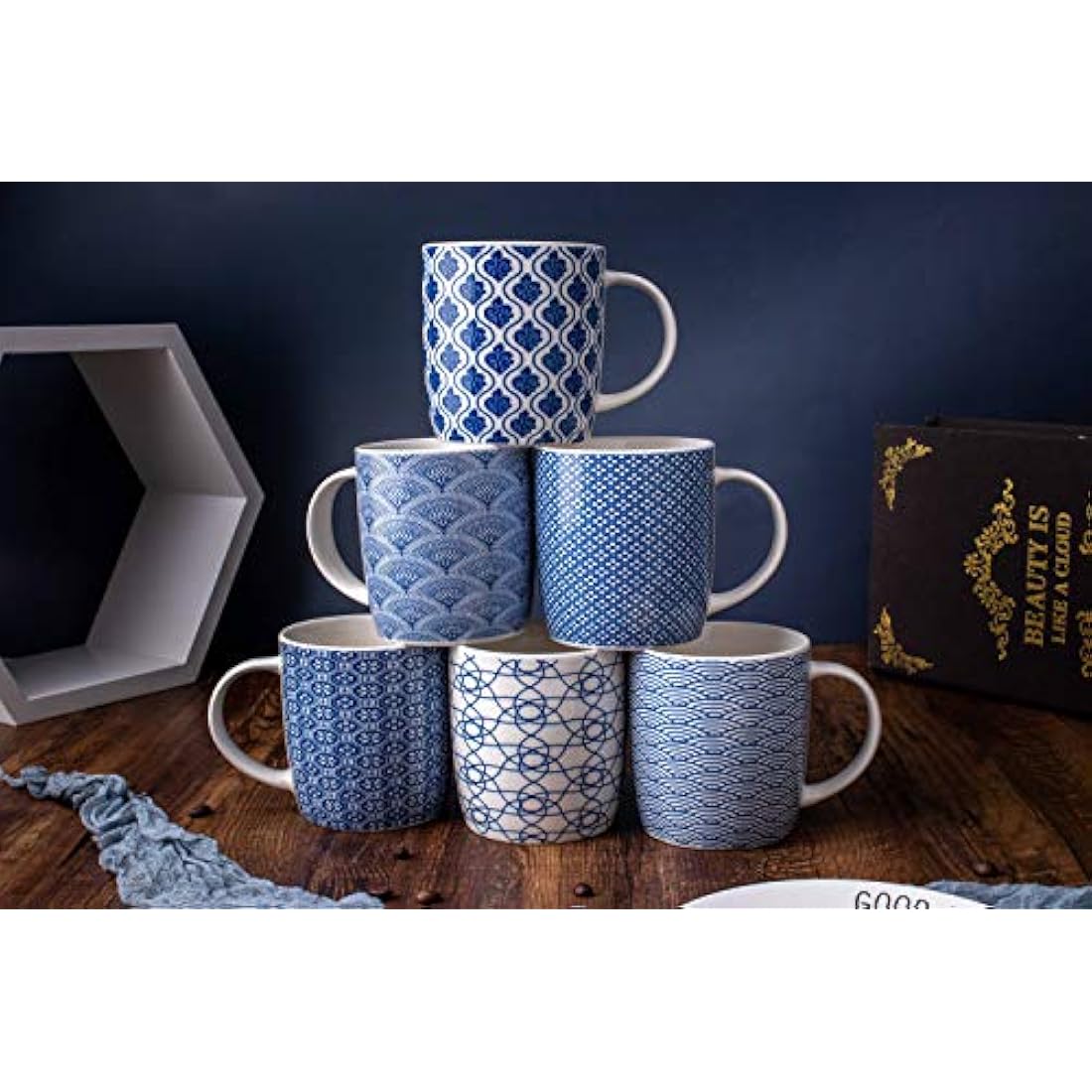 MACHUMA Ceramic Coffee Mugs - 6 Pack Blue & White Geometric Cup Set