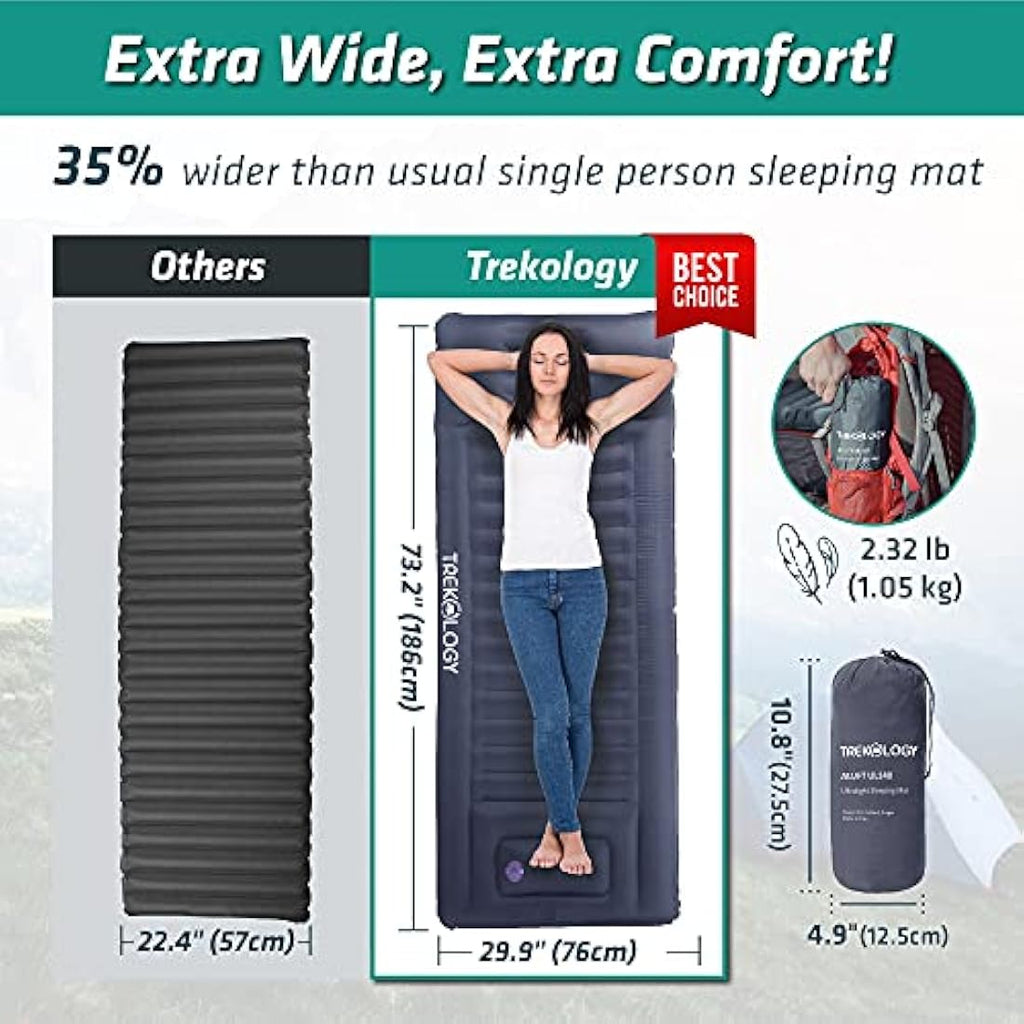 Trekology UL140 Inflatable Sleeping Pad with Built-in Foot Pump