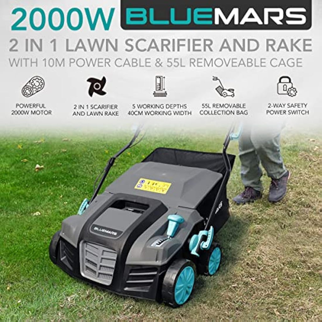 Bluemars 2000W Electric Lawn Scarifier & Aerator | 40cm Width, 55L Box