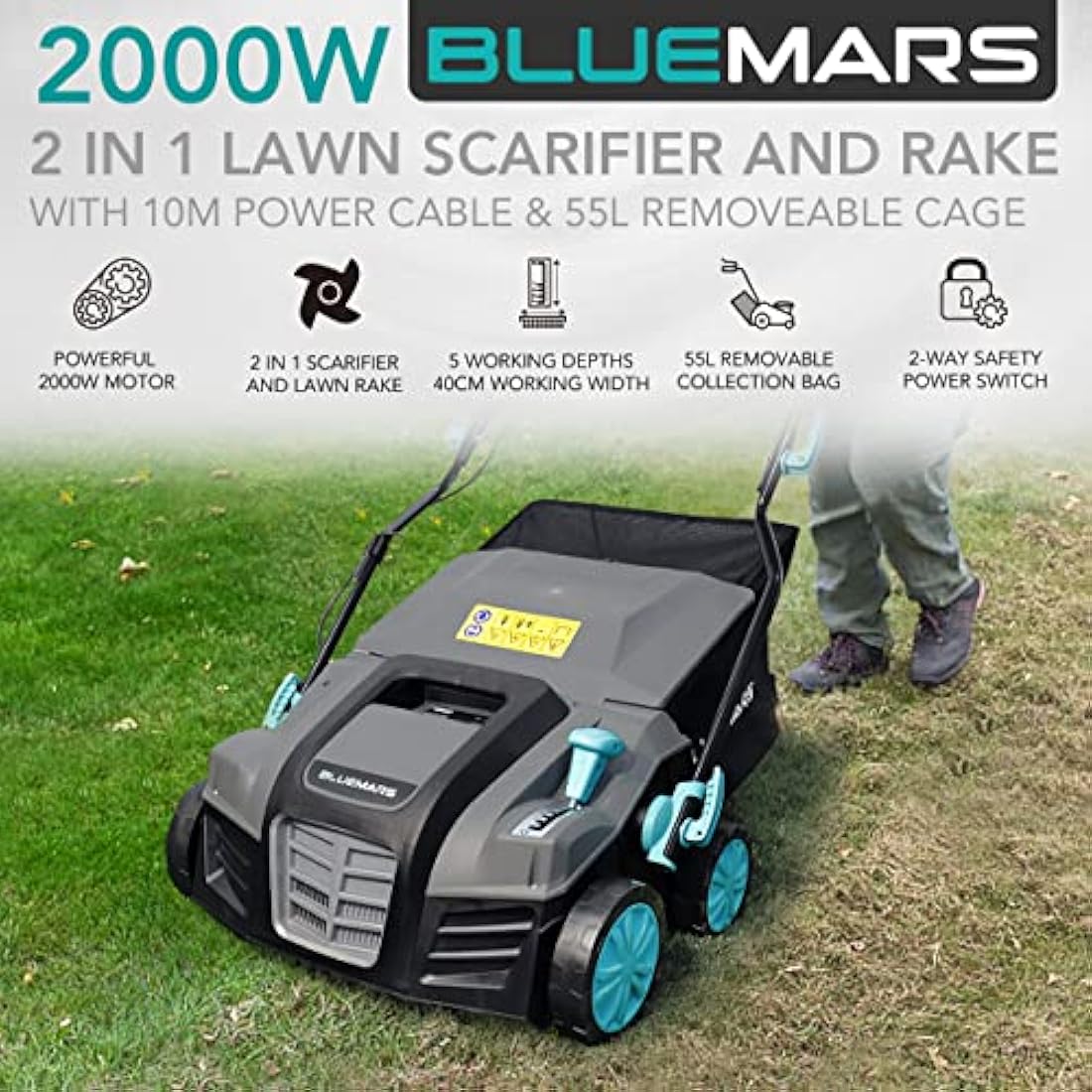 Bluemars 2000W Electric Lawn Scarifier & Aerator | 40cm Width, 55L Box
