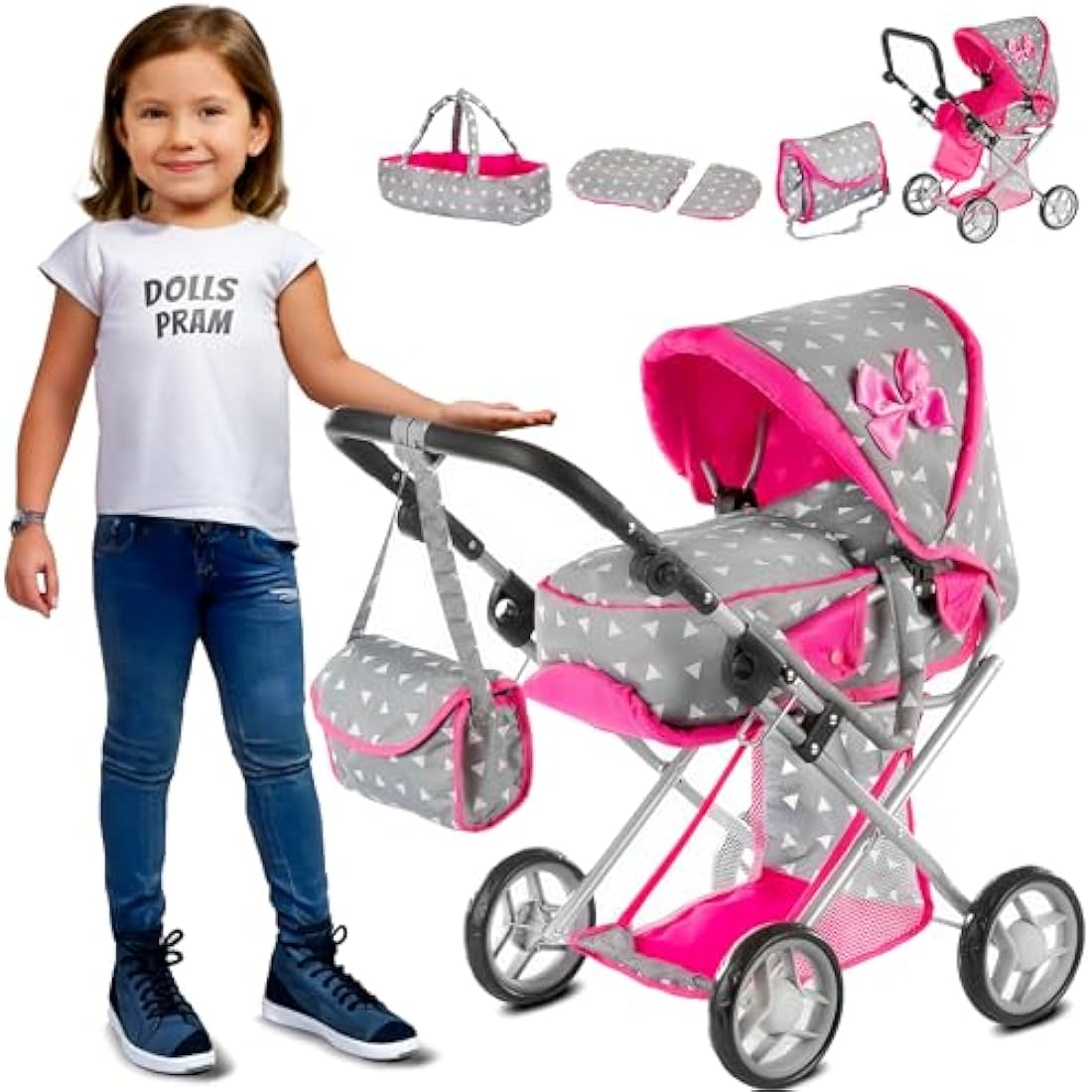 Kinderplay 3-in-1 Doll Pram – Toy Stroller with Adjustable Handle, KP0200S