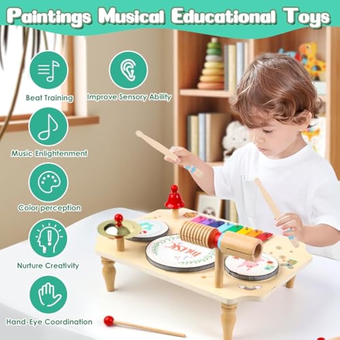 Jolof Store Wooden Kids Drum Kit | 11-in-1 Montessori Musical Toy Set