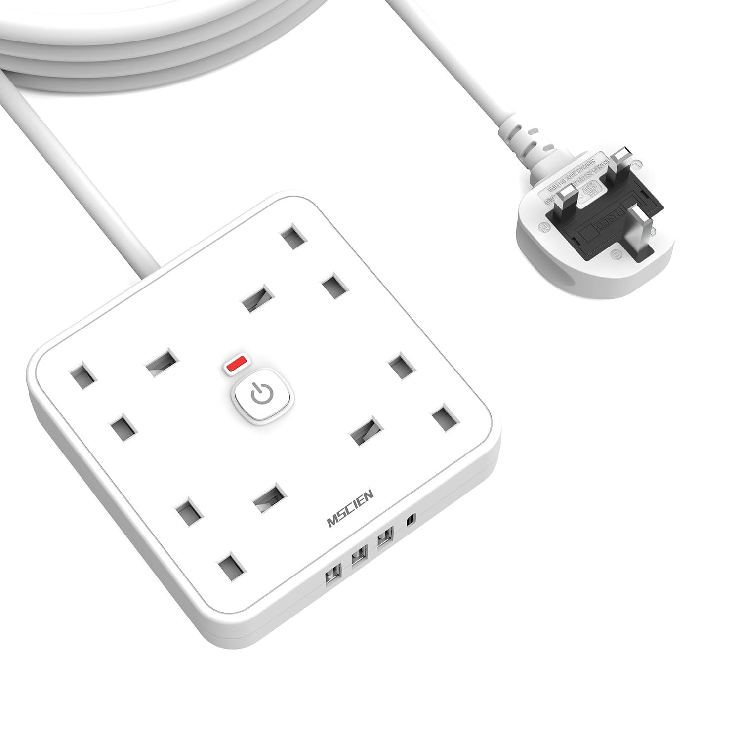 Mscien 4-Way Extension Lead with 4 USB Ports & Switches, 4M White
