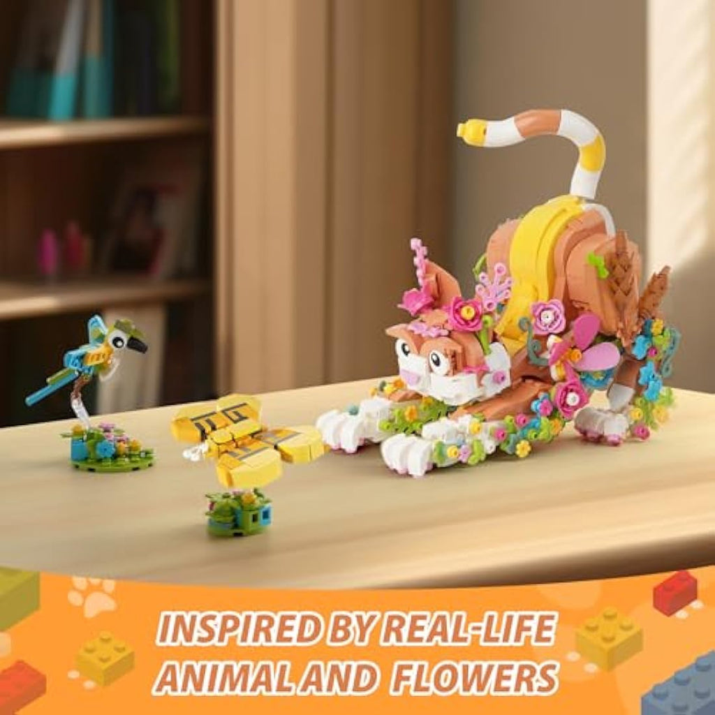 IKUPER Flower Cat Building Set – 3-in-1 Botanical Animal Kit (1038 Pcs)
