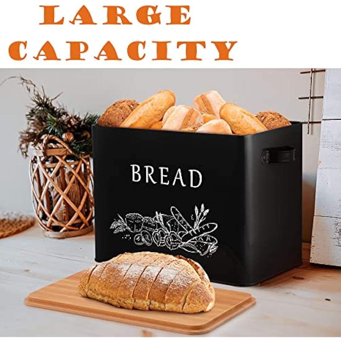 Joyfair Metal Bread Bin with Bamboo Cutting Board Lid – Large Black Box