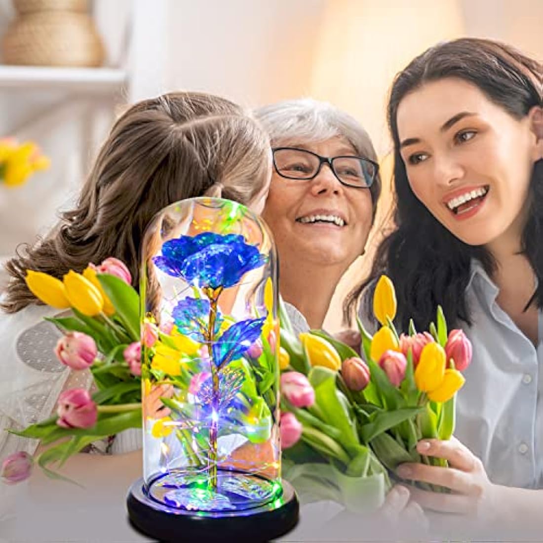 QUELIEN Galaxy Rose in Glass Dome – LED Blue Eternal Flower Gift for Her