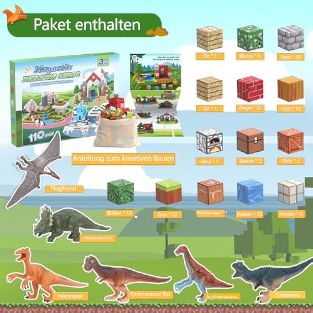 Demolike 110PCS Magnetic Blocks with 6 Dinosaur Toys – STEM Building Set