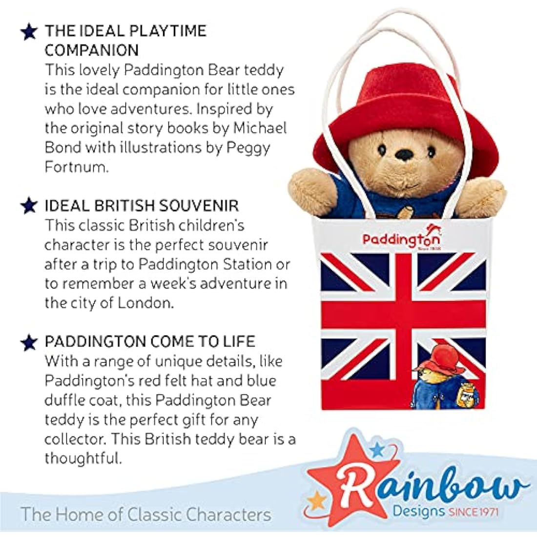Rainbow Designs Paddington Bear Soft Plush Toy with Union Jack Bag