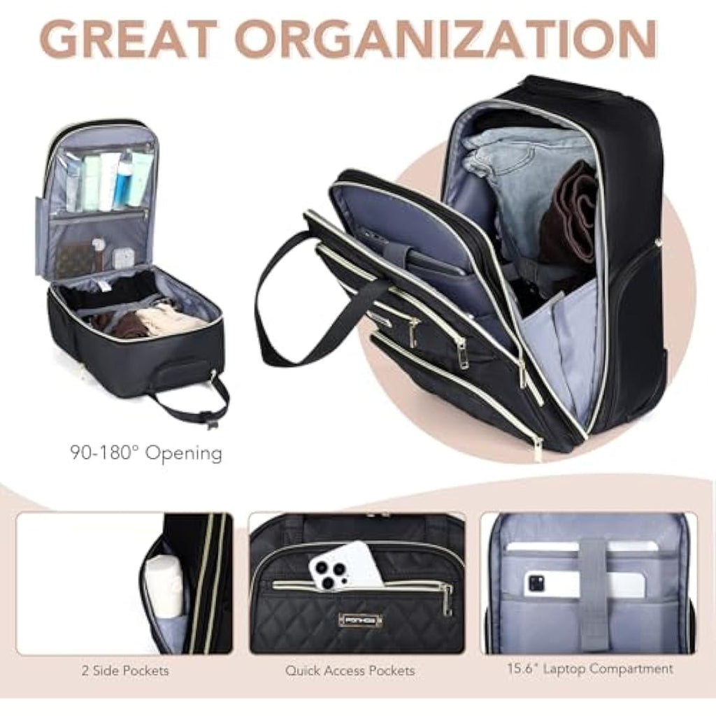 Ponhog Rolling Laptop Backpack | 15.6 Inch Wheeled Travel Bag - Black