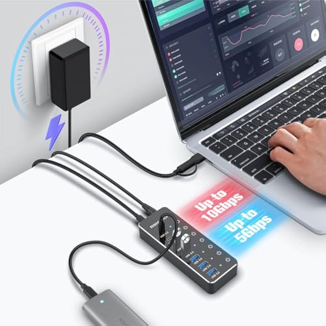 RSHTECH 7-Port Powered USB Hub | 10Gbps USB-C & USB 3.2 Aluminum Splitter