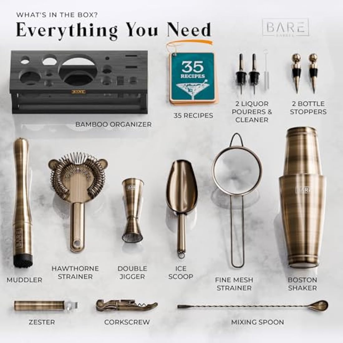 Bare Barrel 16-Piece Cocktail Making Kit | Brass & Black Boston Shaker
