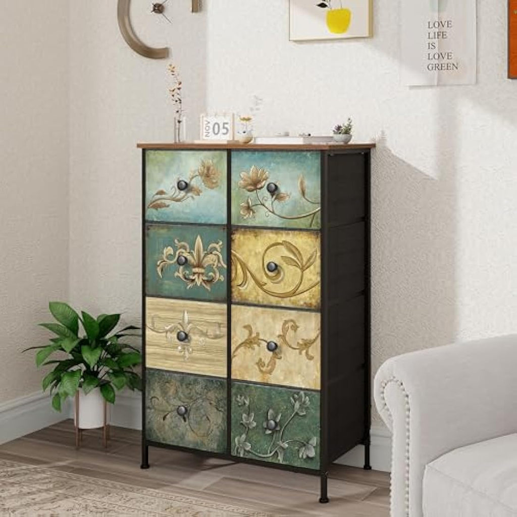 VEDECASA 8 Drawer Tall Dresser – Retro Floral Fabric Storage Chest