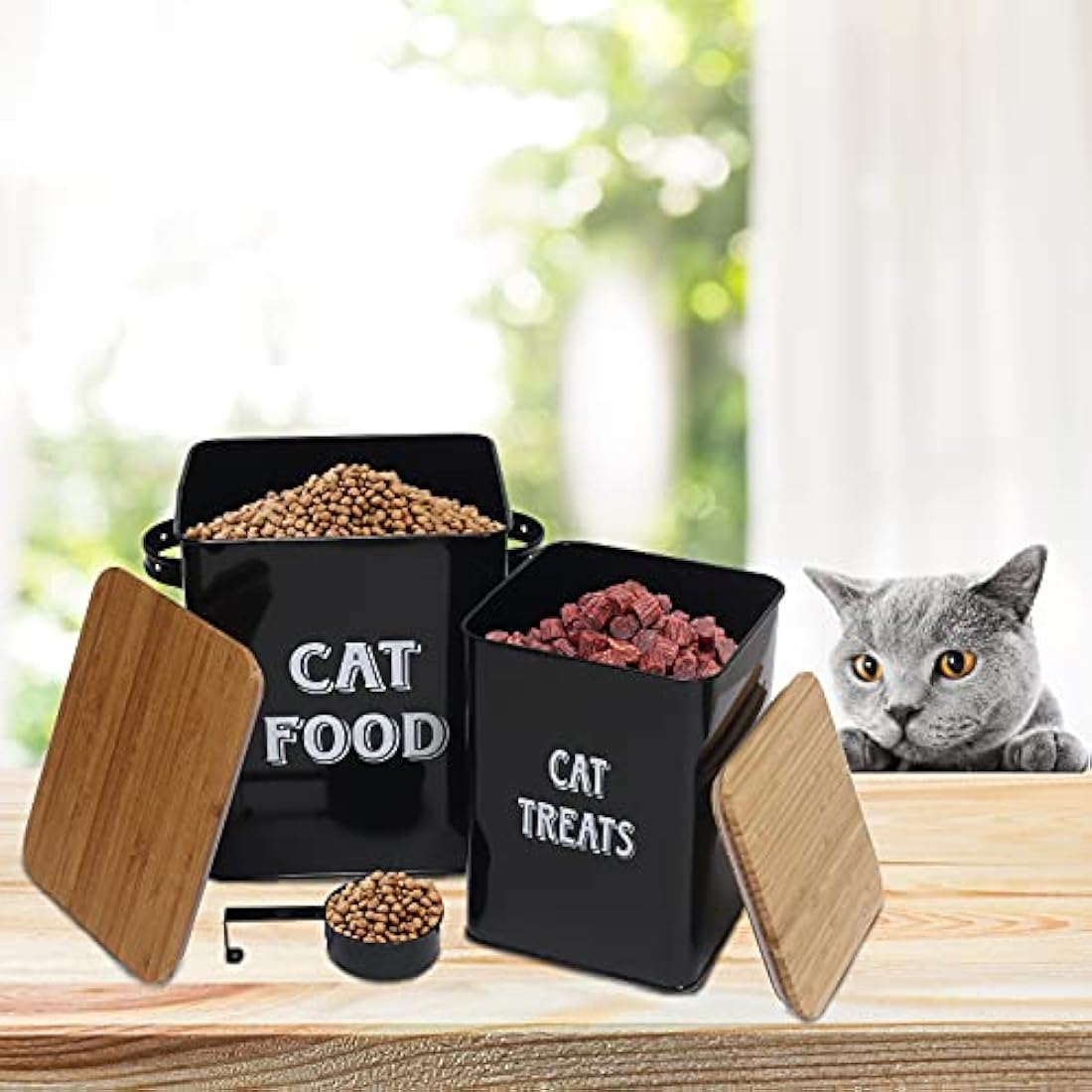 Cat Food and Treats Container Set – Beige Steel with Wood Lids