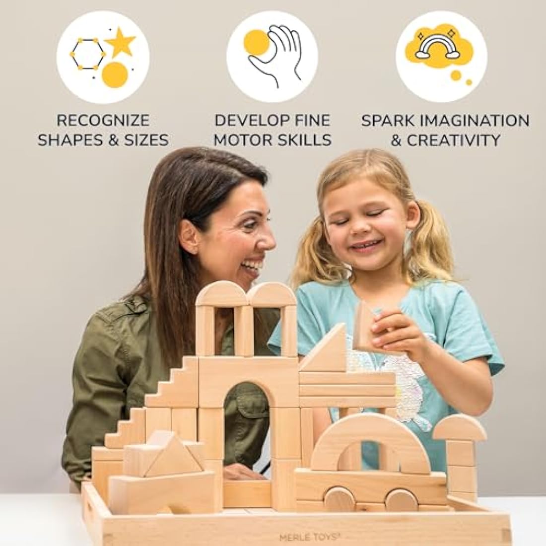 Merle Toys Wooden Building Blocks – 46-Piece FSC Beechwood Montessori Set