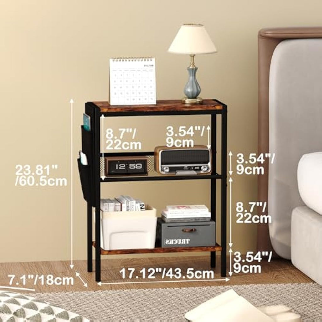 Yusong Narrow Side Table – 3-Tier Slim End Table with Storage, Rustic Brown