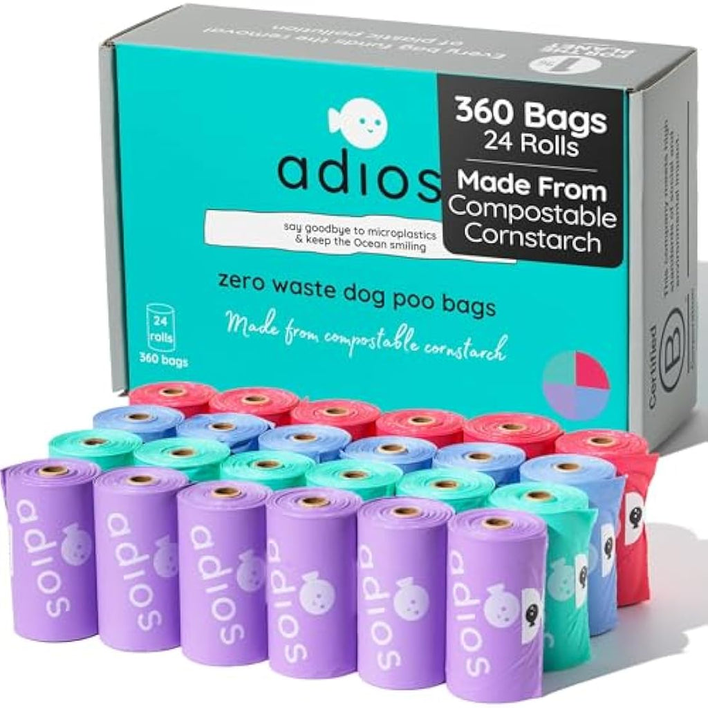Adios Compostable Dog Poop Bags – 360 Count Extra Thick Leakproof Rolls