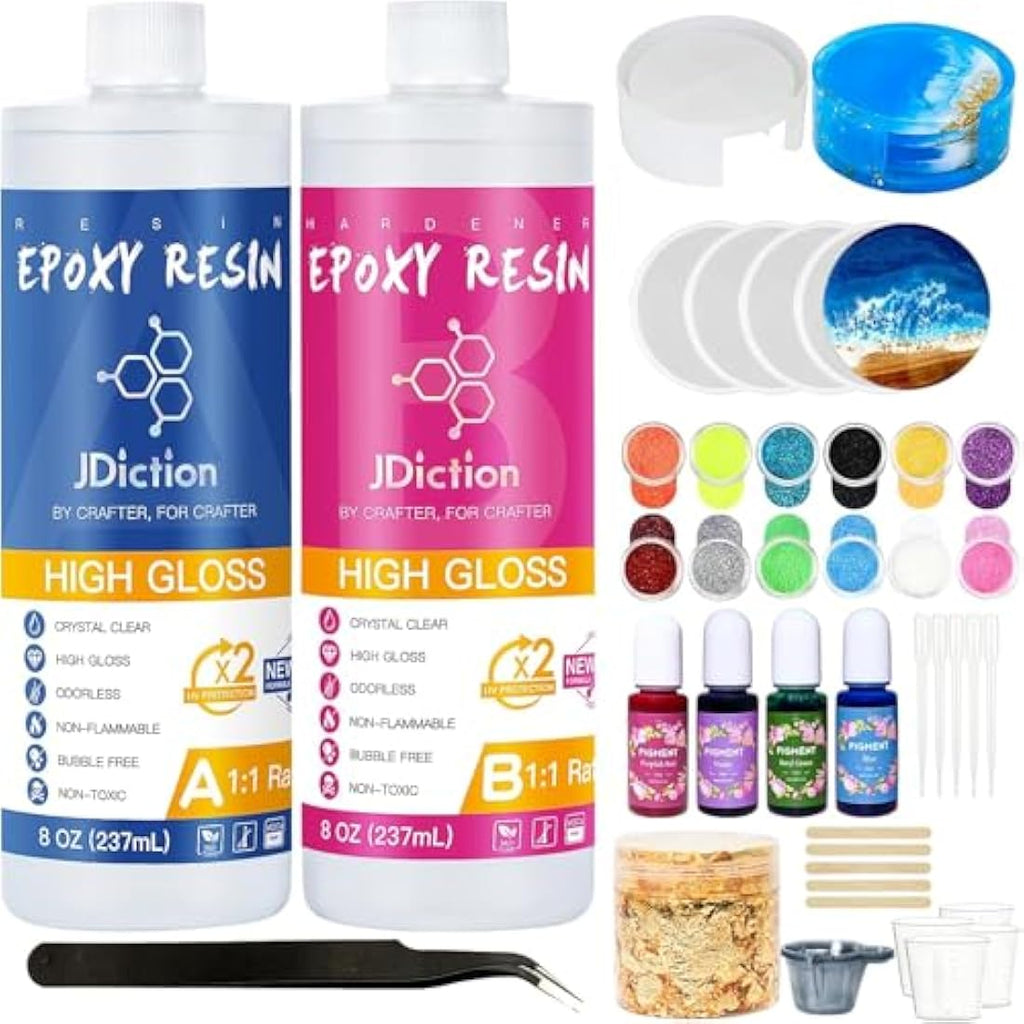 JDiction Epoxy Resin Coaster Kit | 16oz Crystal Clear DIY Starter Set